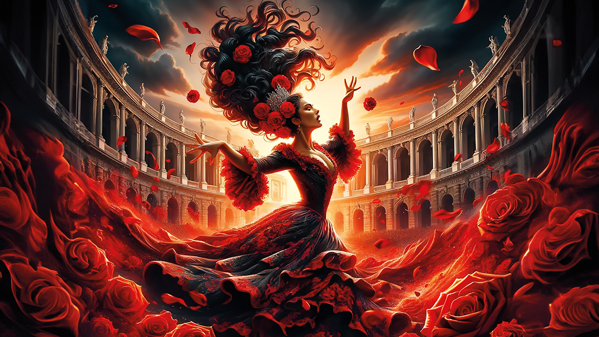 3. Viyana Opera Yazı festivalinin Georges Bizet'nin Carmen eseri için hazırlanan, kırmızı güller ve flamenko elbisesi içeren resmi tanıtım afişi.