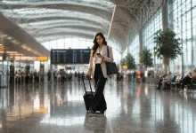 Modern ve geniş bir havalimanı terminalinde, elinde siyah tekerlekli küçük kabin valiziyle yürürken akıllı telefonuna bakan, bej ceketli ve siyah pantolonlu şık bir kadın yolcu.