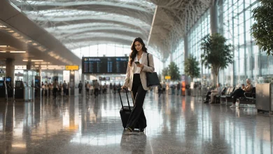 Modern ve geniş bir havalimanı terminalinde, elinde siyah tekerlekli küçük kabin valiziyle yürürken akıllı telefonuna bakan, bej ceketli ve siyah pantolonlu şık bir kadın yolcu.