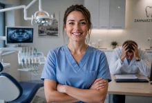 Diş kliniğinde kendinden emin duran kadın diş hekimi asistanı ve arka planda masasında elleri başının arasında üzgün oturan diş hekimi.