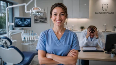 Diş kliniğinde kendinden emin duran kadın diş hekimi asistanı ve arka planda masasında elleri başının arasında üzgün oturan diş hekimi.