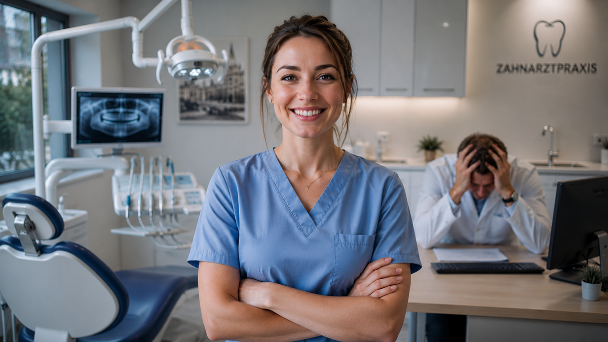 Diş kliniğinde kendinden emin duran kadın diş hekimi asistanı ve arka planda masasında elleri başının arasında üzgün oturan diş hekimi.
