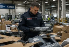 Viyana Havalimanı kargo merkezinde Gümrük memuru ülkeye sokulmak istenen paketteki ürünü sağlık ve güvenlik standartları açısından incelerken.