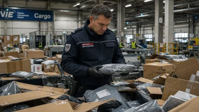 Viyana Havalimanı kargo merkezinde Gümrük memuru ülkeye sokulmak istenen paketteki ürünü sağlık ve güvenlik standartları açısından incelerken.