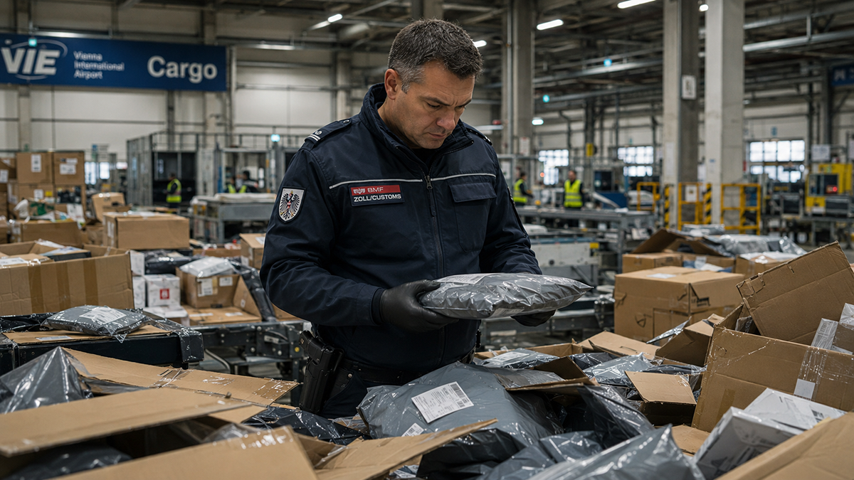 Viyana Havalimanı kargo merkezinde Gümrük memuru ülkeye sokulmak istenen paketteki ürünü sağlık ve güvenlik standartları açısından incelerken.