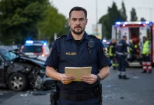 Hasarlı bir otomobil ve ambulans önünde elinde rapor dosyası tutan Avusturya polisi.