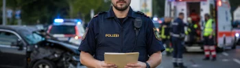 Hasarlı bir otomobil ve ambulans önünde elinde rapor dosyası tutan Avusturya polisi.