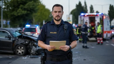 Hasarlı bir otomobil ve ambulans önünde elinde rapor dosyası tutan Avusturya polisi.