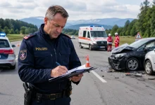 Trafik kazası yerinde not tutan Avusturya polisi; arka planda kazaya karışmış araçlar, polis otosu ve ambulans.