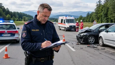 Trafik kazası yerinde not tutan Avusturya polisi; arka planda kazaya karışmış araçlar, polis otosu ve ambulans.