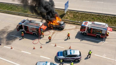 Avusturya otobanında yanan bir araca müdahale eden itfaiye ekipleri ve polis araçları.