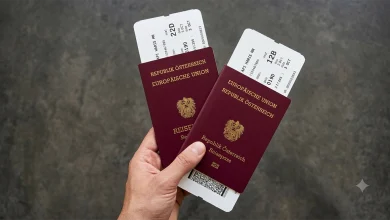 Bir kişinin elinde tuttuğu, içinde uçak biniş kartları bulunan iki adet koyu kırmızı renkli resmi Avusturya pasaportu.