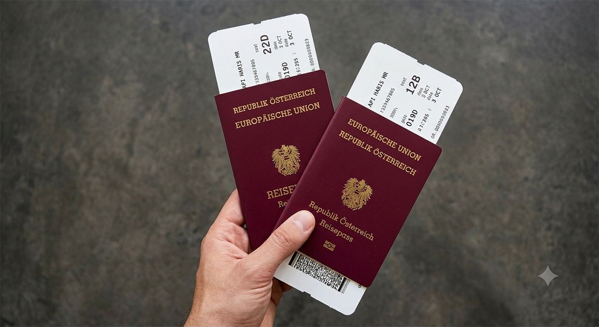 Bir kişinin elinde tuttuğu, içinde uçak biniş kartları bulunan iki adet koyu kırmızı renkli resmi Avusturya pasaportu.