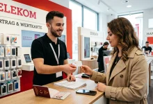 Avusturya'da bir telekom mağazasında çalışan görevlinin, Türkiye pasaportu ve evraklarıyla gelen kadın müşteriye faturasız SIM kart teslim ettiği an.