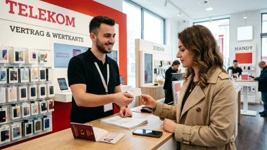 Avusturya'da bir telekom mağazasında çalışan görevlinin, Türkiye pasaportu ve evraklarıyla gelen kadın müşteriye faturasız SIM kart teslim ettiği an.