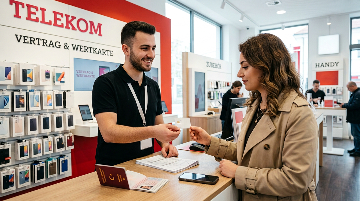 Avusturya'da bir telekom mağazasında çalışan görevlinin, Türkiye pasaportu ve evraklarıyla gelen kadın müşteriye faturasız SIM kart teslim ettiği an.