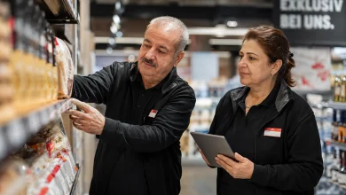 Avusturya'da bir süpermarkette kurumsal iş üniformasıyla çalışan, emeklilik yaş grubuna yaklaşmış göçmen kökenli bir kadın ve erkek çalışan.
