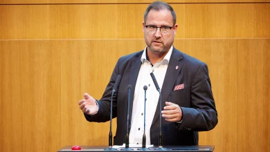 FPÖ Genel Sekreteri Christian Hafenecker Avusturya Parlamentosu kürsüsünde konuşma yapıyor.