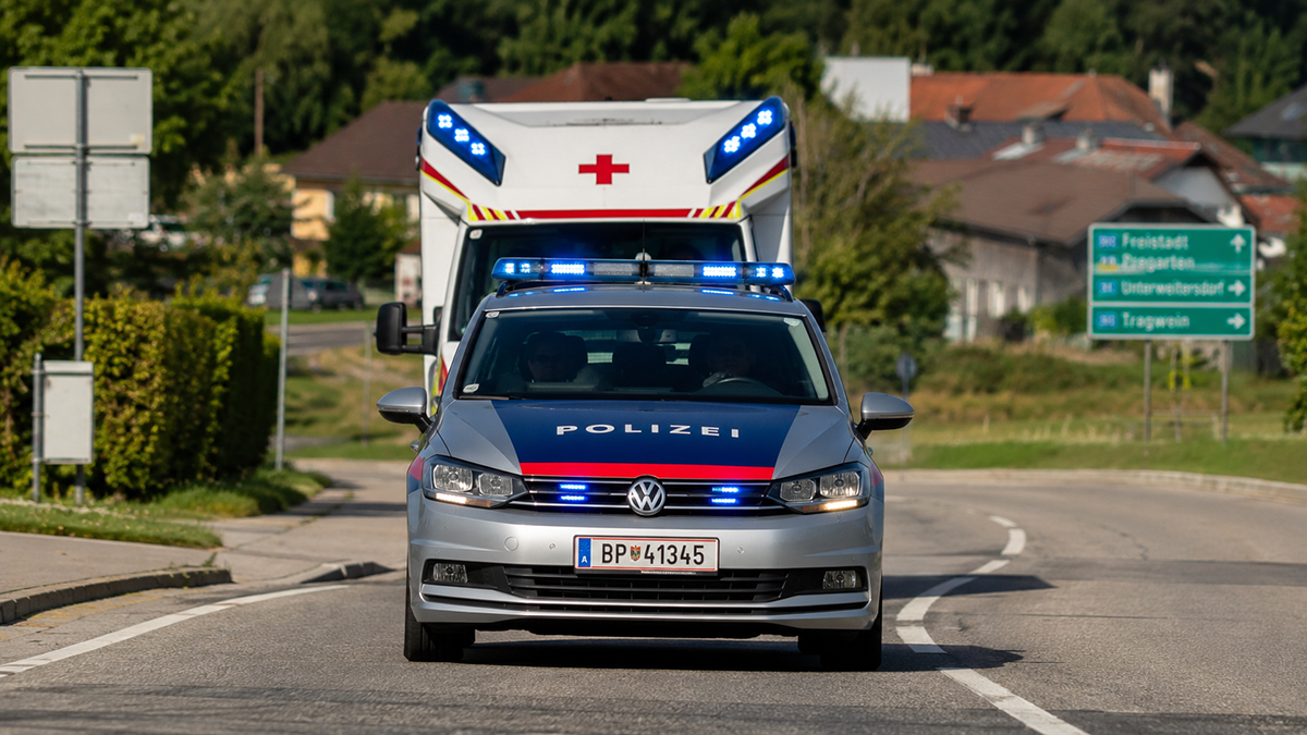 Avusturya'da tepe lambaları açık şekilde yolda ilerleyen gümüş renkli bir polis arabası ve hemen arkasında onu takip eden kırmızı haç logolu bir ambulans.