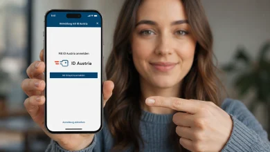 Akıllı telefonunda ID Austria dijital kimlik uygulamasını gösteren ve işaret eden gülümseyen bir kadın.