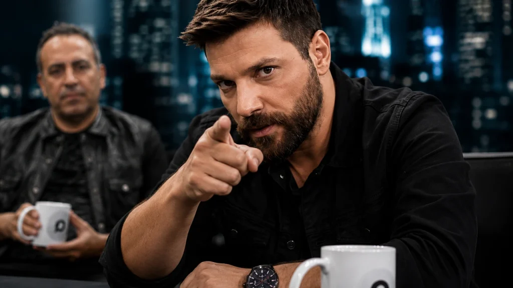 Oğuzhan Uğur ön planda parmağıyla izleyiciyi işaret ederken, arka planda Haluk Levent elinde kupa ile oturuyor.