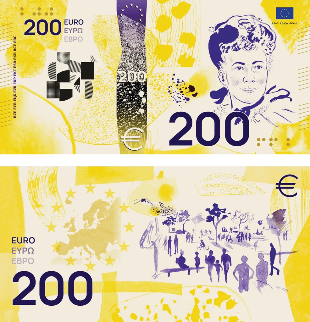 Yeni 200 Euro banknotu için önerilen Bertha von Suttner ve şehir meydanı motifli taslak tasarım