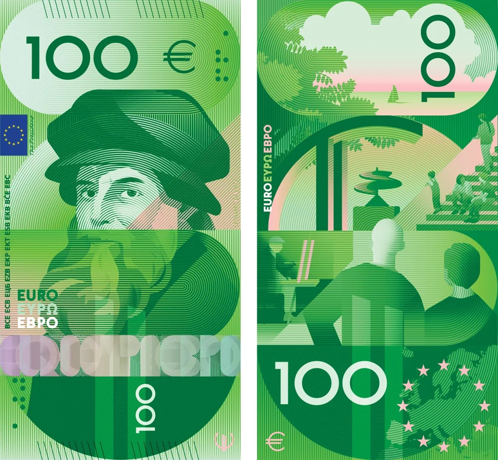 Yeni dikey 100 Euro banknotu için önerilen Leonardo da Vinci ve sergi alanı motifli taslak tasarım