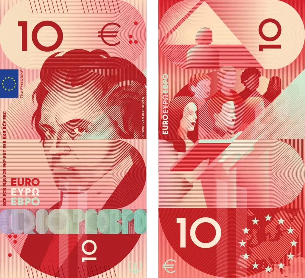 Yeni dikey 10 Euro banknotu için önerilen Ludwig van Beethoven ve koro motifli taslak tasarım