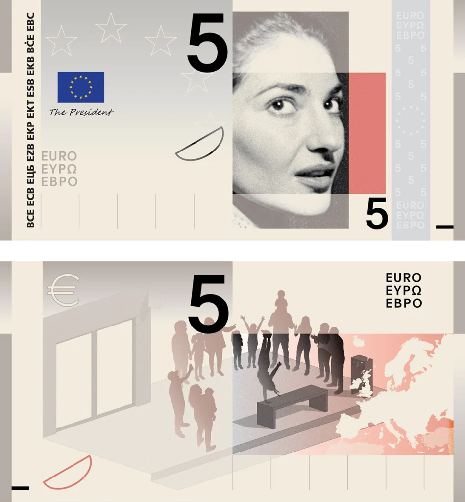 Yeni 5 Euro banknotu için önerilen Maria Callas ve sahne sanatları motifli taslak tasarım