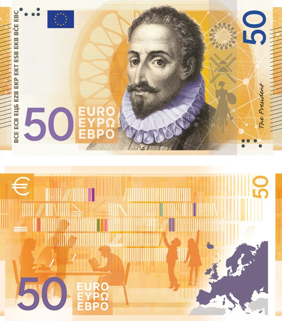 Yeni 50 Euro banknotu için önerilen Miguel de Cervantes ve kütüphane motifli taslak tasarım