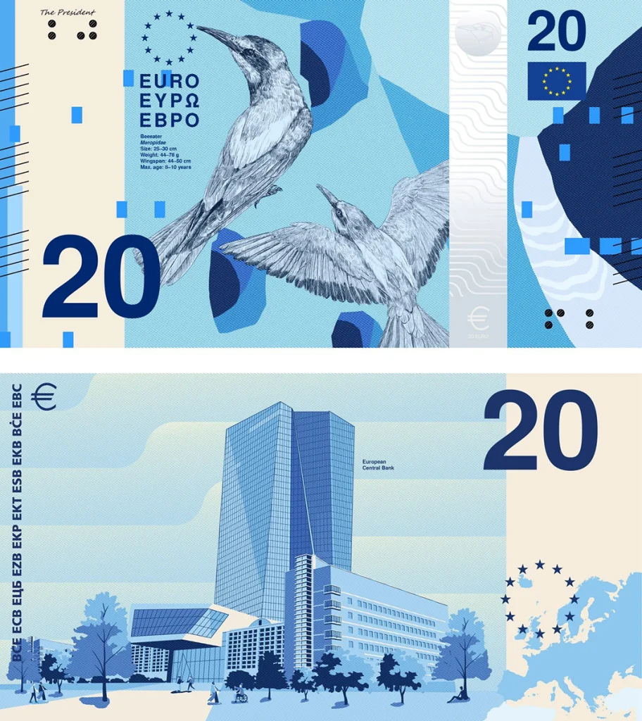 Yeni 20 Euro banknotu için önerilen Arıkuşu ve Avrupa Merkez Bankası binası motifli taslak tasarım