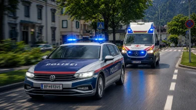 Mavi tepe lambaları açık, hareket halindeki bir Avusturya federal polis arabası ve arkasında bir Kızıl Haç ambulansının yer aldığı şehir içi fotoğrafı.