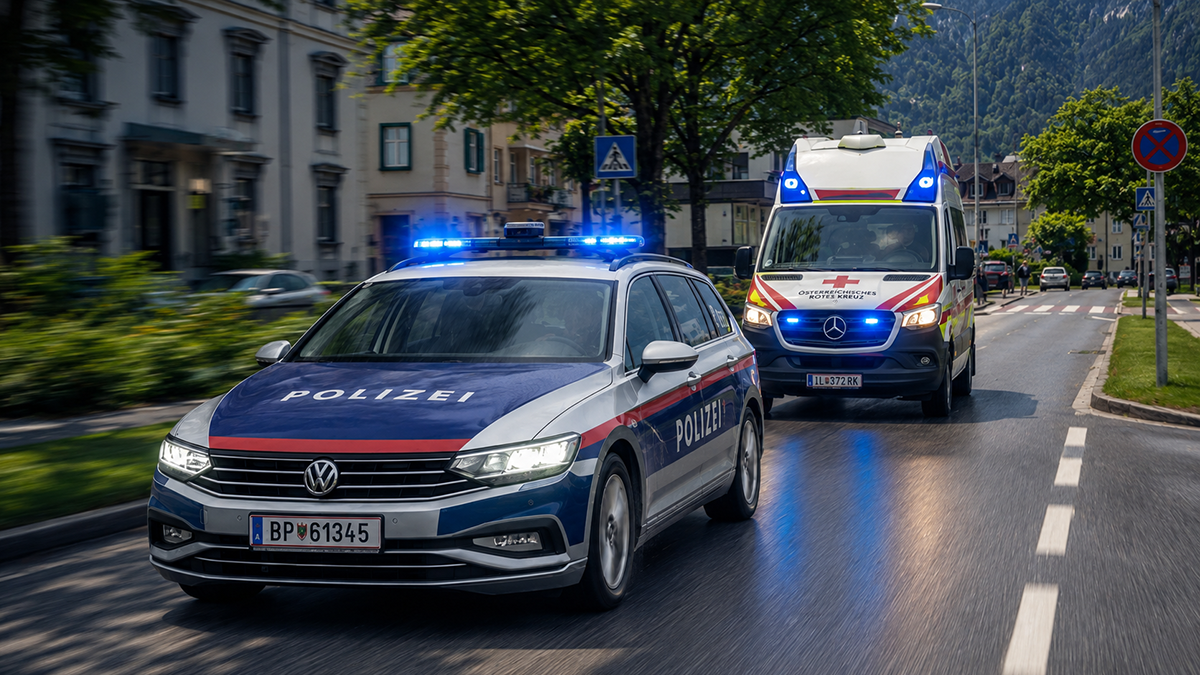 Mavi tepe lambaları açık, hareket halindeki bir Avusturya federal polis arabası ve arkasında bir Kızıl Haç ambulansının yer aldığı şehir içi fotoğrafı.