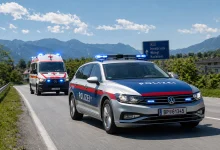 Mavi tepe lambaları açık, hareket halindeki bir Avusturya federal polis arabası ve arkasında bir Kızıl Haç ambulansının yer aldığı, Tyrolean Alpleri manzaralı otoyol fotoğrafı.