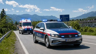 Mavi tepe lambaları açık, hareket halindeki bir Avusturya federal polis arabası ve arkasında bir Kızıl Haç ambulansının yer aldığı, Tyrolean Alpleri manzaralı otoyol fotoğrafı.