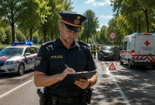 Avusturya'da meydana gelen ölümlü bir trafik kazası sonrası yolda elinde panoyla rapor tutan üniformalı Avusturya polisi, arkada polis aracı, ambulans ve hasarlı otomobil.