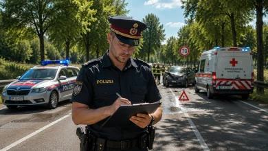 Avusturya'da meydana gelen ölümlü bir trafik kazası sonrası yolda elinde panoyla rapor tutan üniformalı Avusturya polisi, arkada polis aracı, ambulans ve hasarlı otomobil.