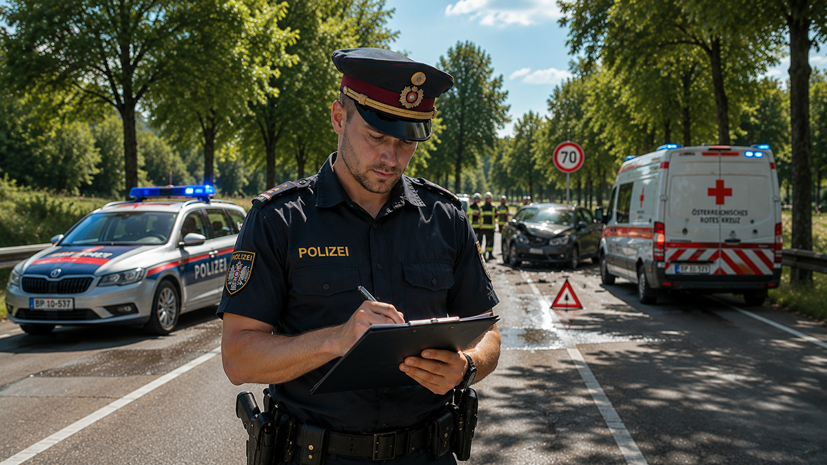 Avusturya'da meydana gelen ölümlü bir trafik kazası sonrası yolda elinde panoyla rapor tutan üniformalı Avusturya polisi, arkada polis aracı, ambulans ve hasarlı otomobil.