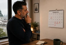 Viyana manzaralı bir odada duvarda asılı 2026 Avusturya resmi tatiller listesini inceleyen düşünceli bir adam.