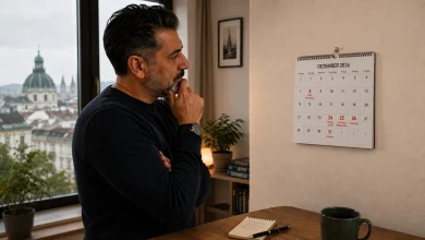 Viyana manzaralı bir odada duvarda asılı 2026 Avusturya resmi tatiller listesini inceleyen düşünceli bir adam.